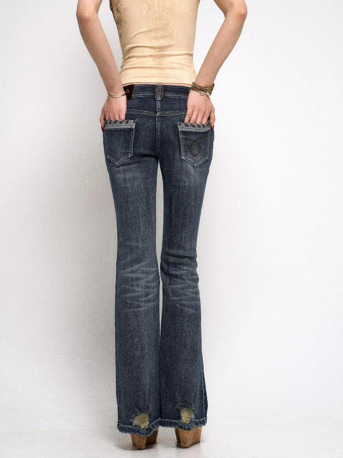 Vintage Raw Denim  Jeans with Distressed Detailing and Glitter