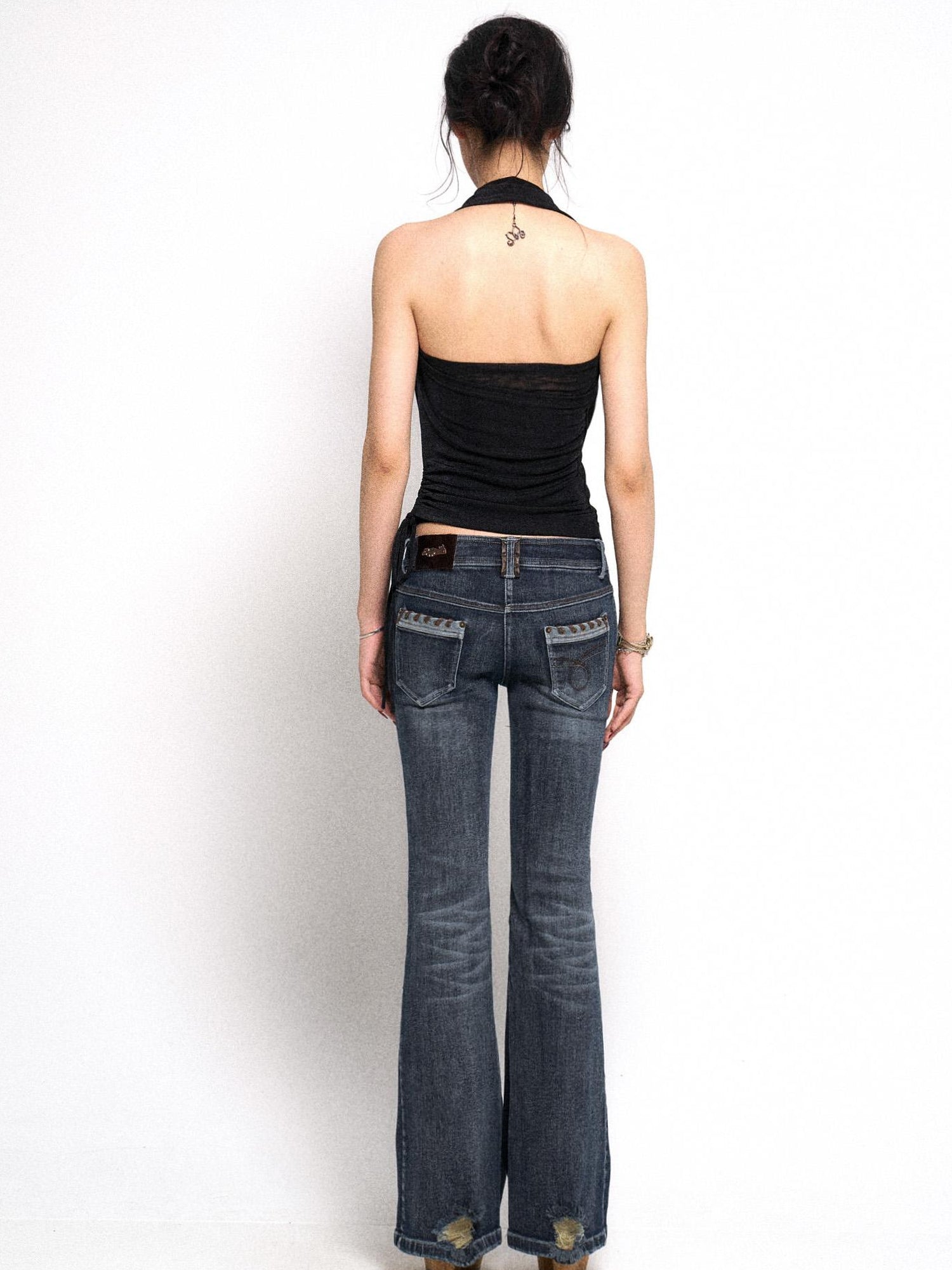 Flowers birds Market Vintage Raw Denim Flared Jeans with Distressed Detailing and Glitter