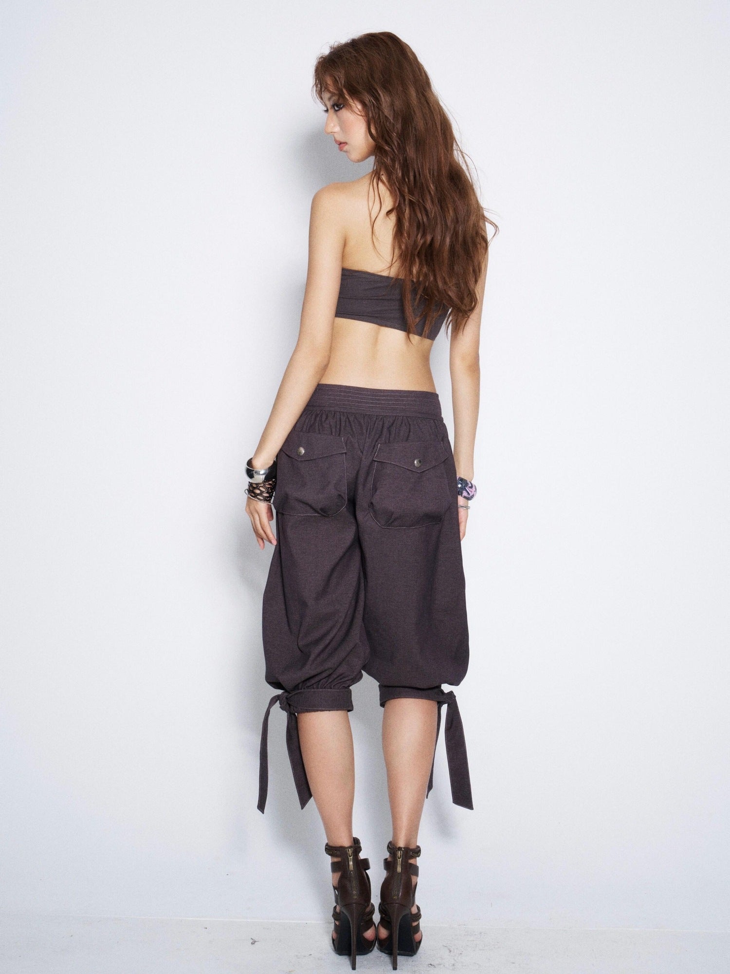 Flowers birds Market Vintage Tie Waist Lantern Leg Womens Smoky Purple Natural Waist Capri Pants