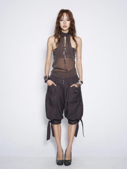 Flowers birds Market Vintage Tie Waist Lantern Leg Womens Smoky Purple Natural Waist Capri Pants