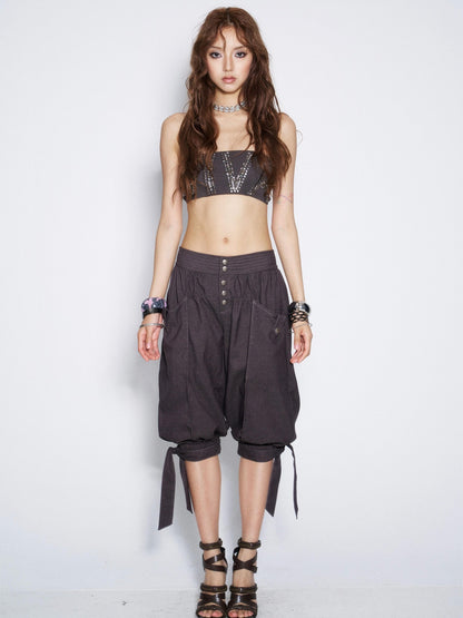 Flowers birds Market Vintage Tie Waist Lantern Leg Womens Smoky Purple Natural Waist Capri Pants