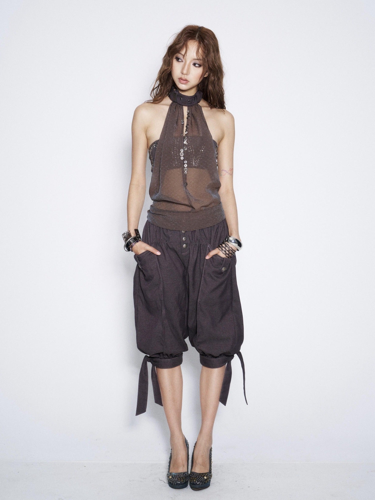 Flowers birds Market Vintage Tie Waist Lantern Leg Womens Smoky Purple Natural Waist Capri Pants