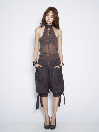 Flowers birds Market Vintage Tie Waist Lantern Leg Womens Smoky Purple Natural Waist Capri Pants