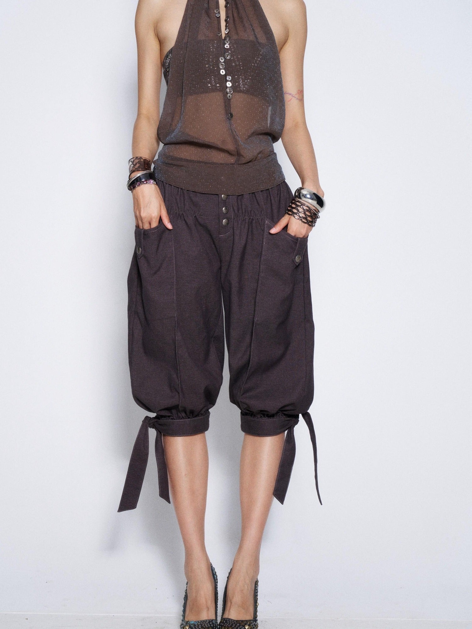 Flowers birds Market Vintage Tie Waist Lantern Leg Womens Smoky Purple Natural Waist Capri Pants