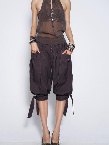 Flowers birds Market Vintage Tie Waist Lantern Leg Womens Smoky Purple Natural Waist Capri Pants