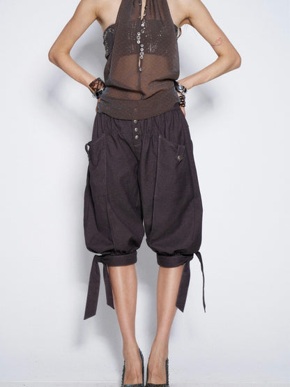 Flowers birds Market Vintage Tie Waist Lantern Leg Womens Smoky Purple Natural Waist Capri Pants