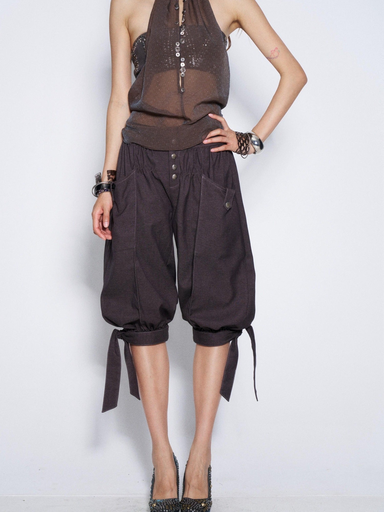 Flowers birds Market Vintage Tie Waist Lantern Leg Womens Smoky Purple Natural Waist Capri Pants