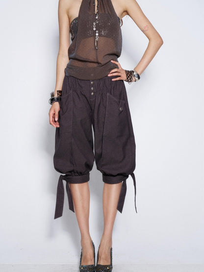 Flowers birds Market Vintage Tie Waist Lantern Leg Womens Smoky Purple Natural Waist Capri Pants