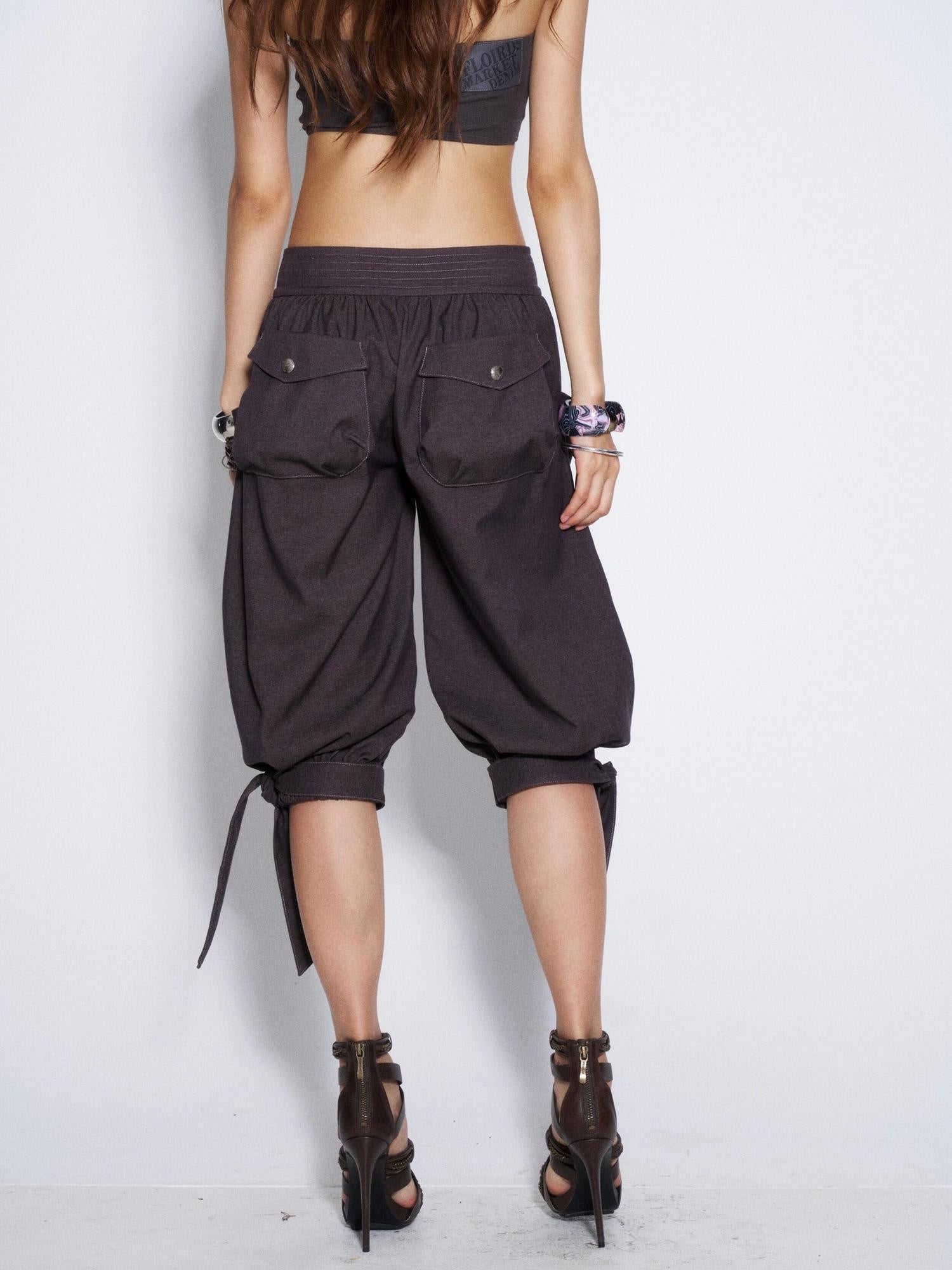 Flowers birds Market Vintage Tie Waist Lantern Leg Womens Smoky Purple Natural Waist Capri Pants