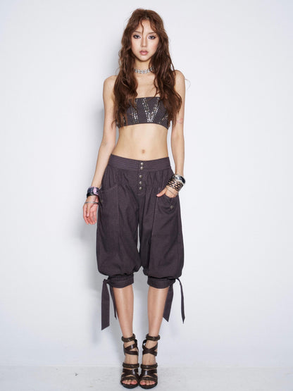 Flowers birds Market Vintage Tie Waist Lantern Leg Womens Smoky Purple Natural Waist Capri Pants