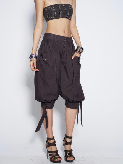 Flowers birds Market Vintage Tie Waist Lantern Leg Womens Smoky Purple Natural Waist Capri Pants