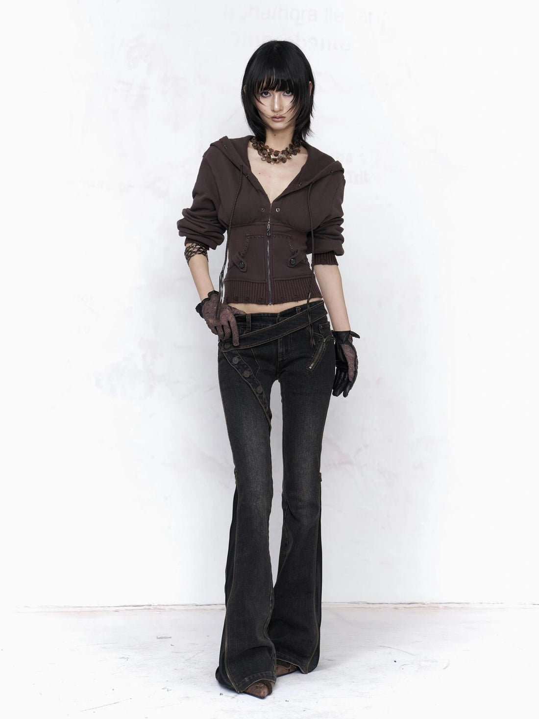 Flowers birds Market Vintage Wash Low Rise Slight Stretch Micro Flare Zip Fly For Women Denim Jeans