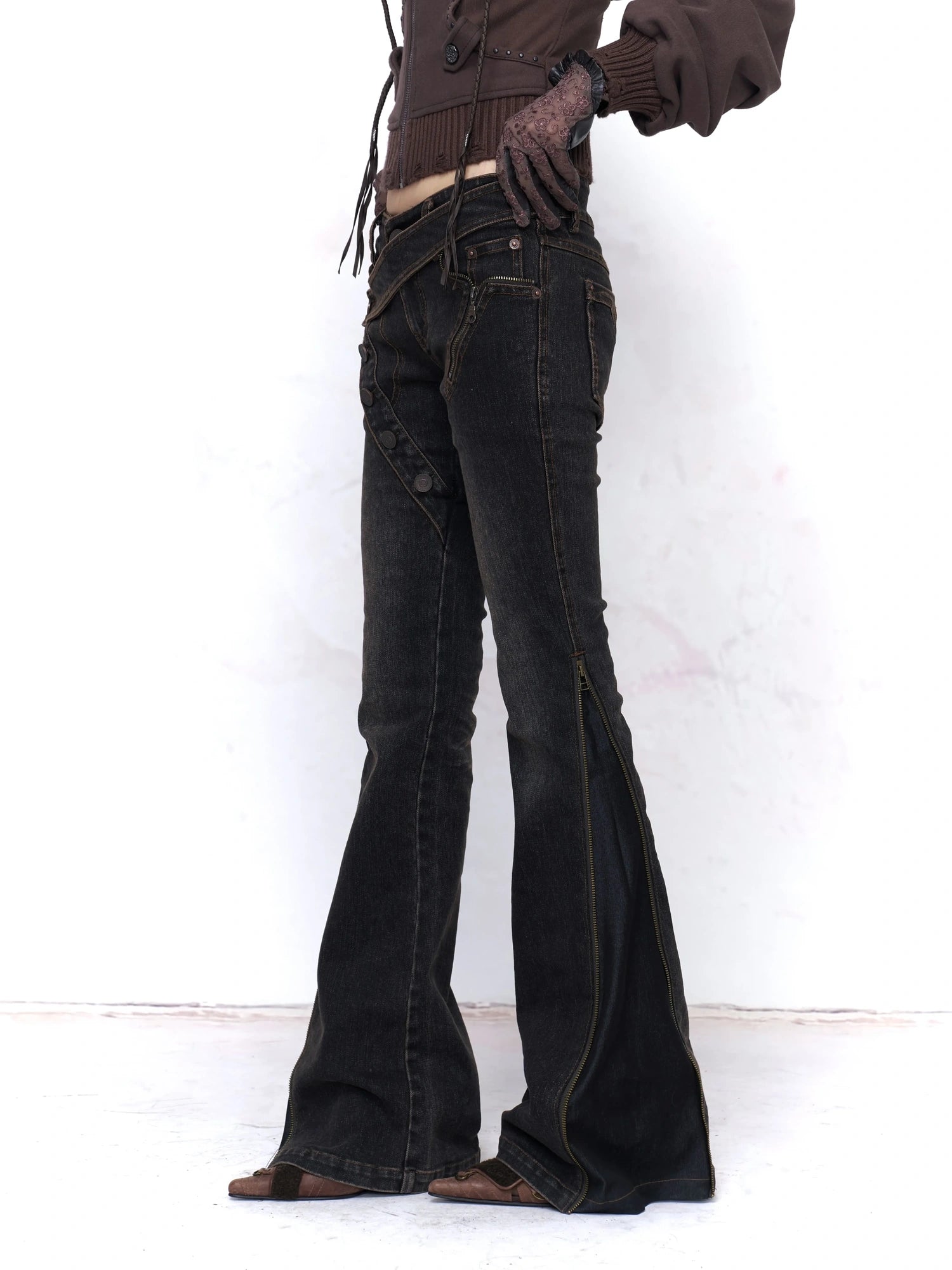 Flowers birds Market Vintage Wash Low Rise Slight Stretch Micro Flare Zip Fly For Women Denim Jeans