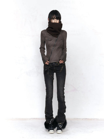 Flowers birds Market Vintage Wash Low Rise Slight Stretch Micro Flare Zip Fly For Women Denim Jeans