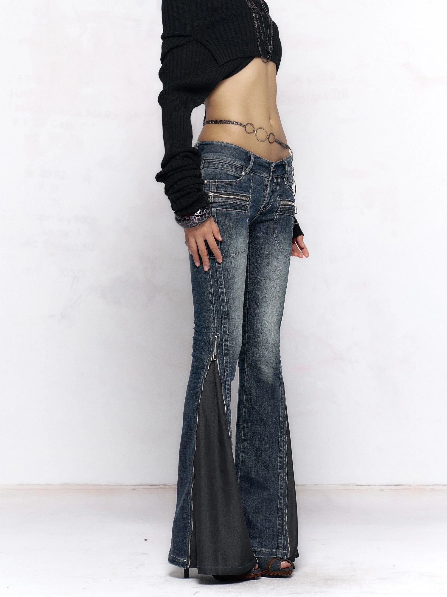 Flowers birds Market Vintage Washed Slim Fit Women Dark Blue Cotton Stretch Denim Jeans