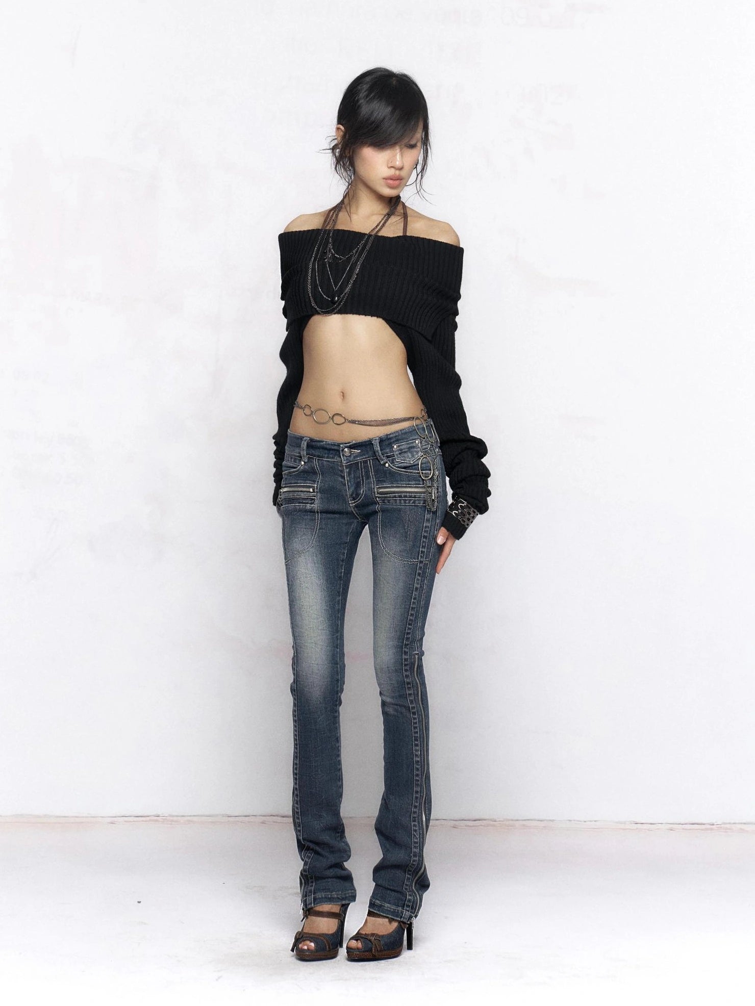 Flowers birds Market Vintage Washed Slim Fit Women Dark Blue Cotton Stretch Denim Jeans