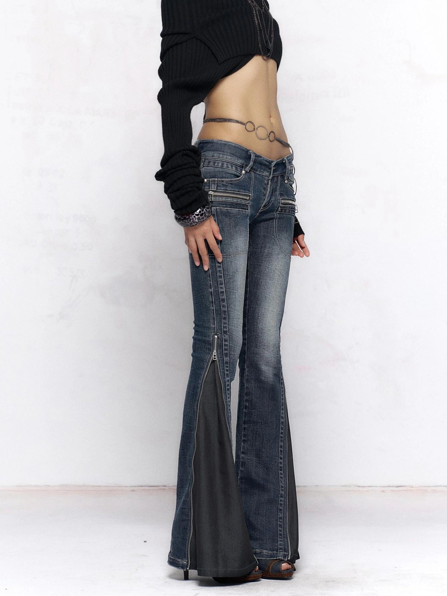 Flowers birds Market Vintage Washed Slim Fit Women Dark Blue Cotton Stretch Denim Jeans