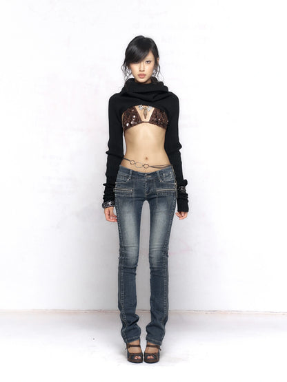 Flowers birds Market Vintage Washed Slim Fit Women Dark Blue Cotton Stretch Denim Jeans