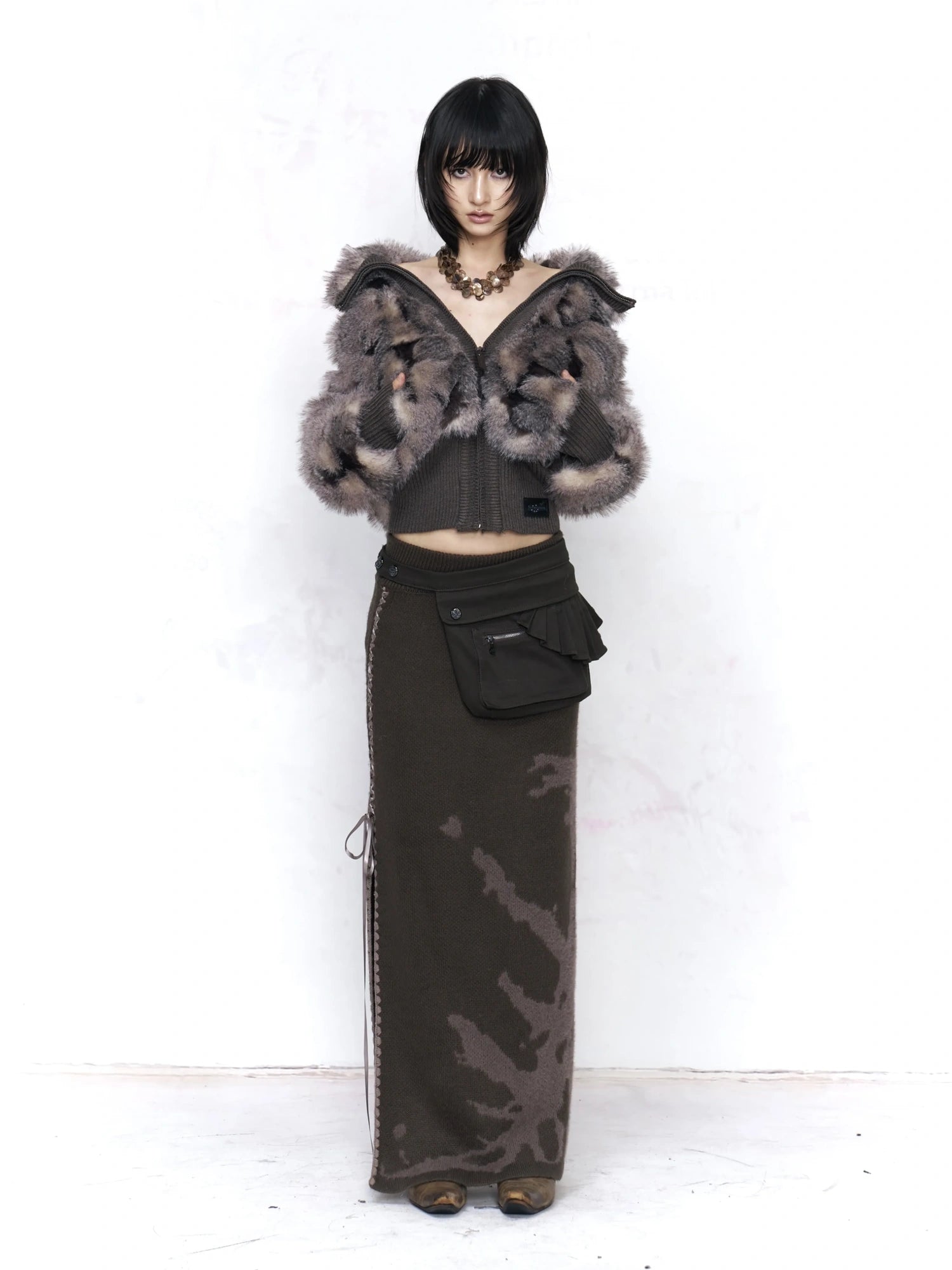 Flowers birds Market Warm Faux Fur Knit Panel Slim Fit Short Vintage Lapel Collar Zip Up Women Jacket