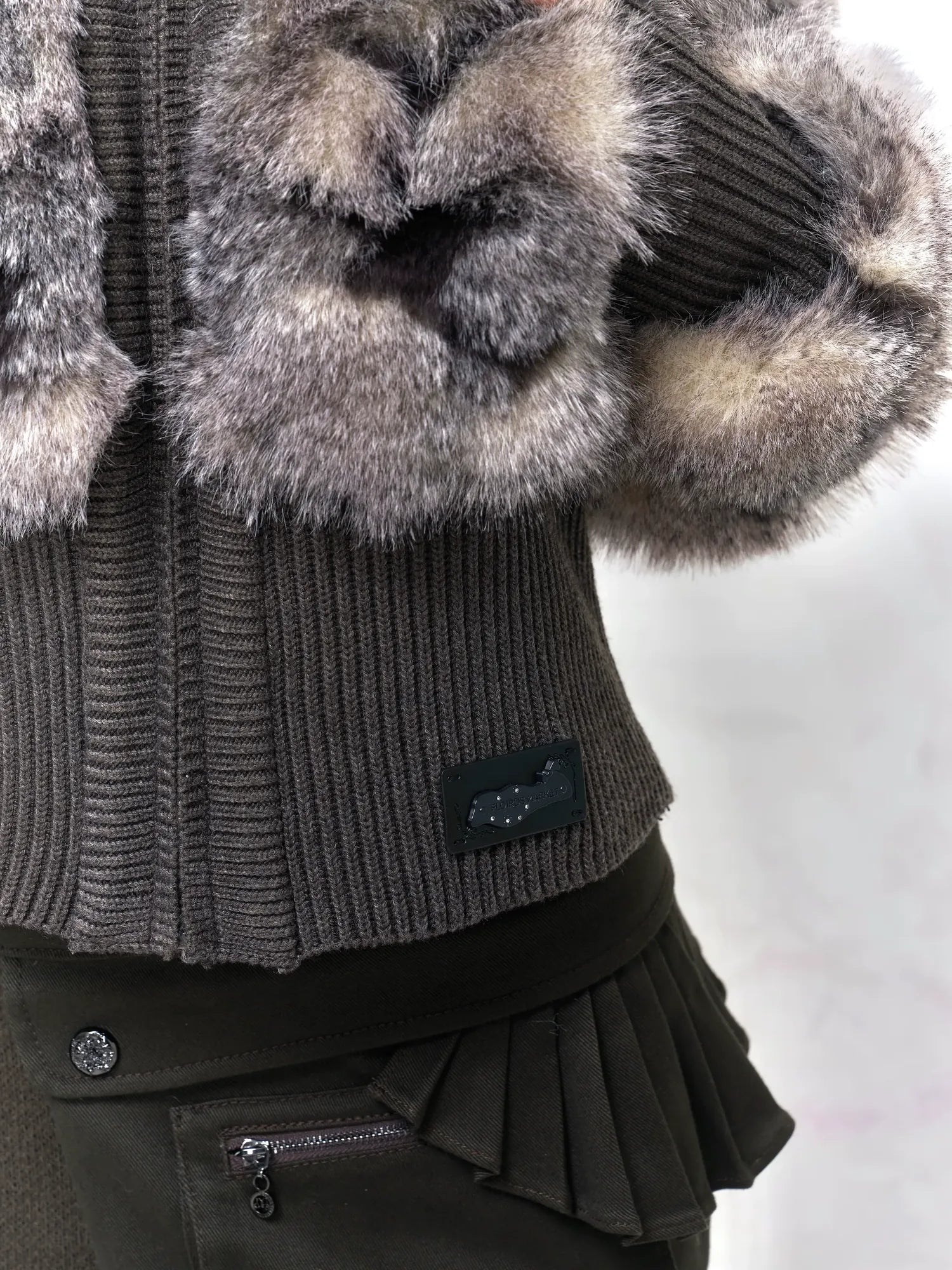 Flowers birds Market Warm Faux Fur Knit Panel Slim Fit Short Vintage Lapel Collar Zip Up Women Jacket