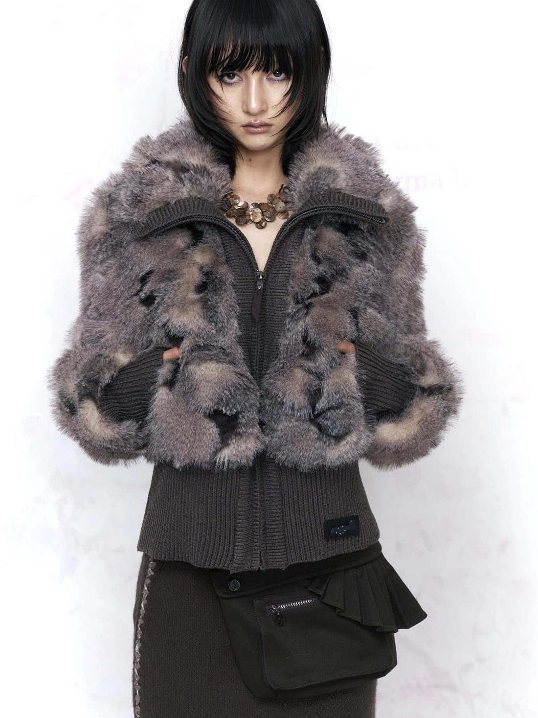 Flowers birds Market Warm Faux Fur Knit Panel Slim Fit Short Vintage Lapel Collar Zip Up Women Jacket