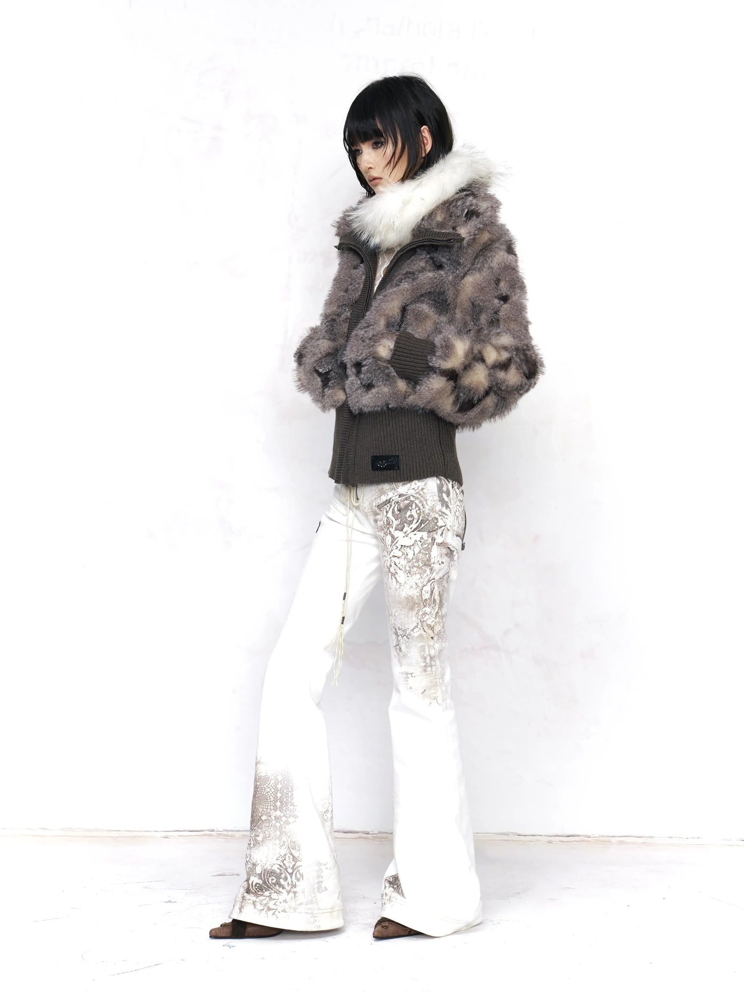 Flowers birds Market Warm Faux Fur Knit Panel Slim Fit Short Vintage Lapel Collar Zip Up Women Jacket