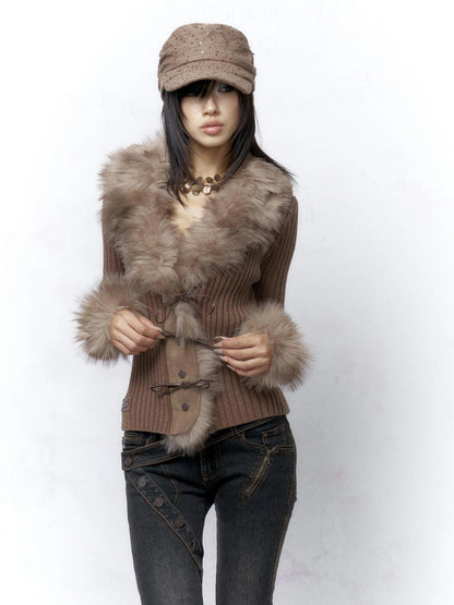 Flowers birds Market Warm Knit Button Front Cardigan Long Sleeve Faux Fur Collar Camel Women Sweater