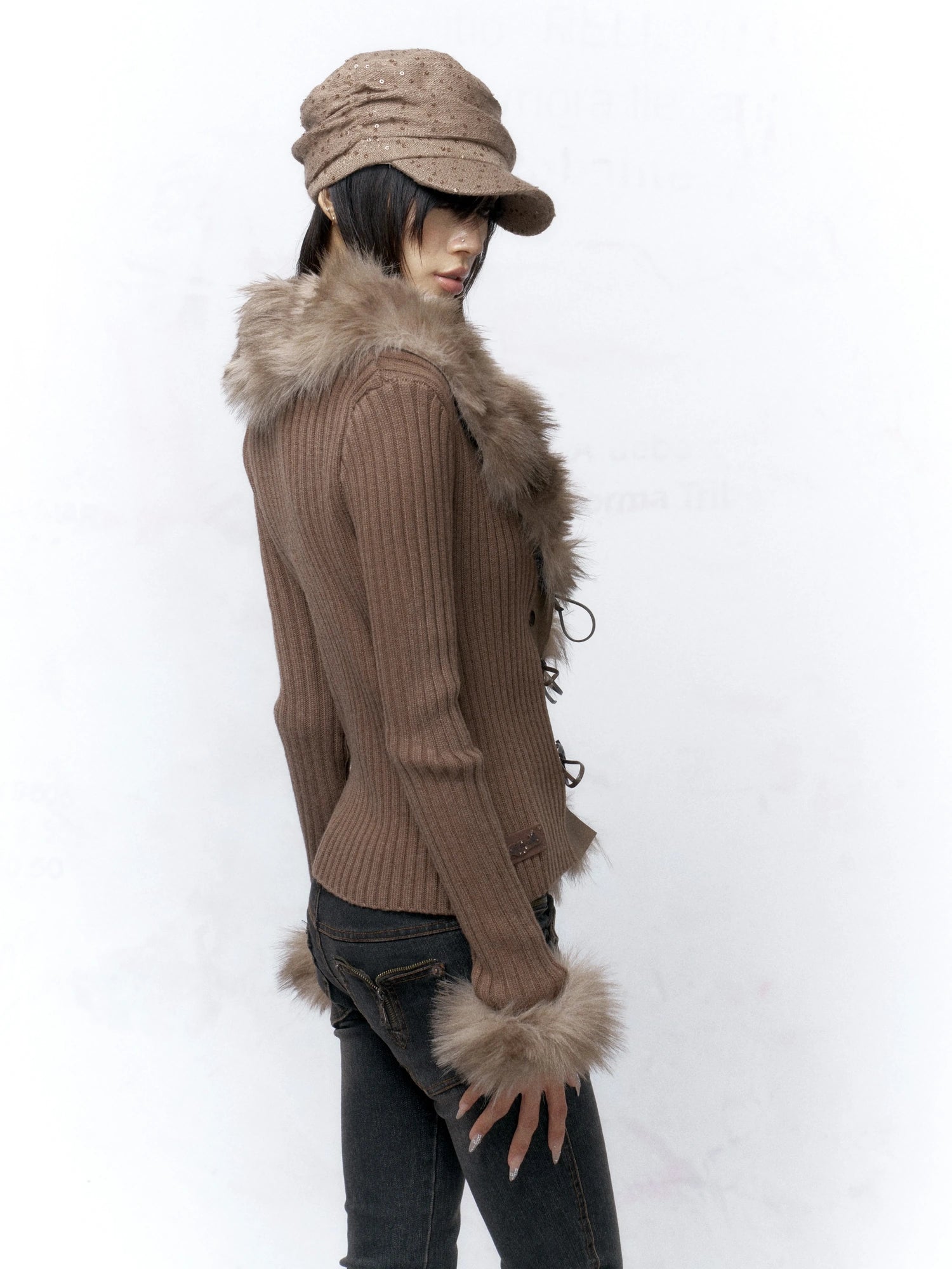 Flowers birds Market Warm Knit Button Front Cardigan Long Sleeve Faux Fur Collar Camel Women Sweater