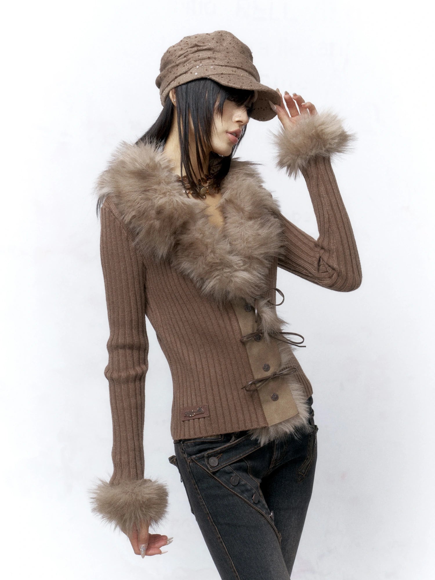 Flowers birds Market Warm Knit Button Front Cardigan Long Sleeve Faux Fur Collar Camel Women Sweater