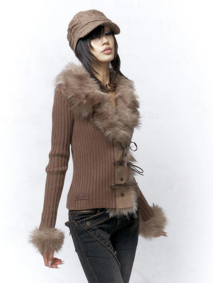 Flowers birds Market Warm Knit Button Front Cardigan Long Sleeve Faux Fur Collar Camel Women Sweater