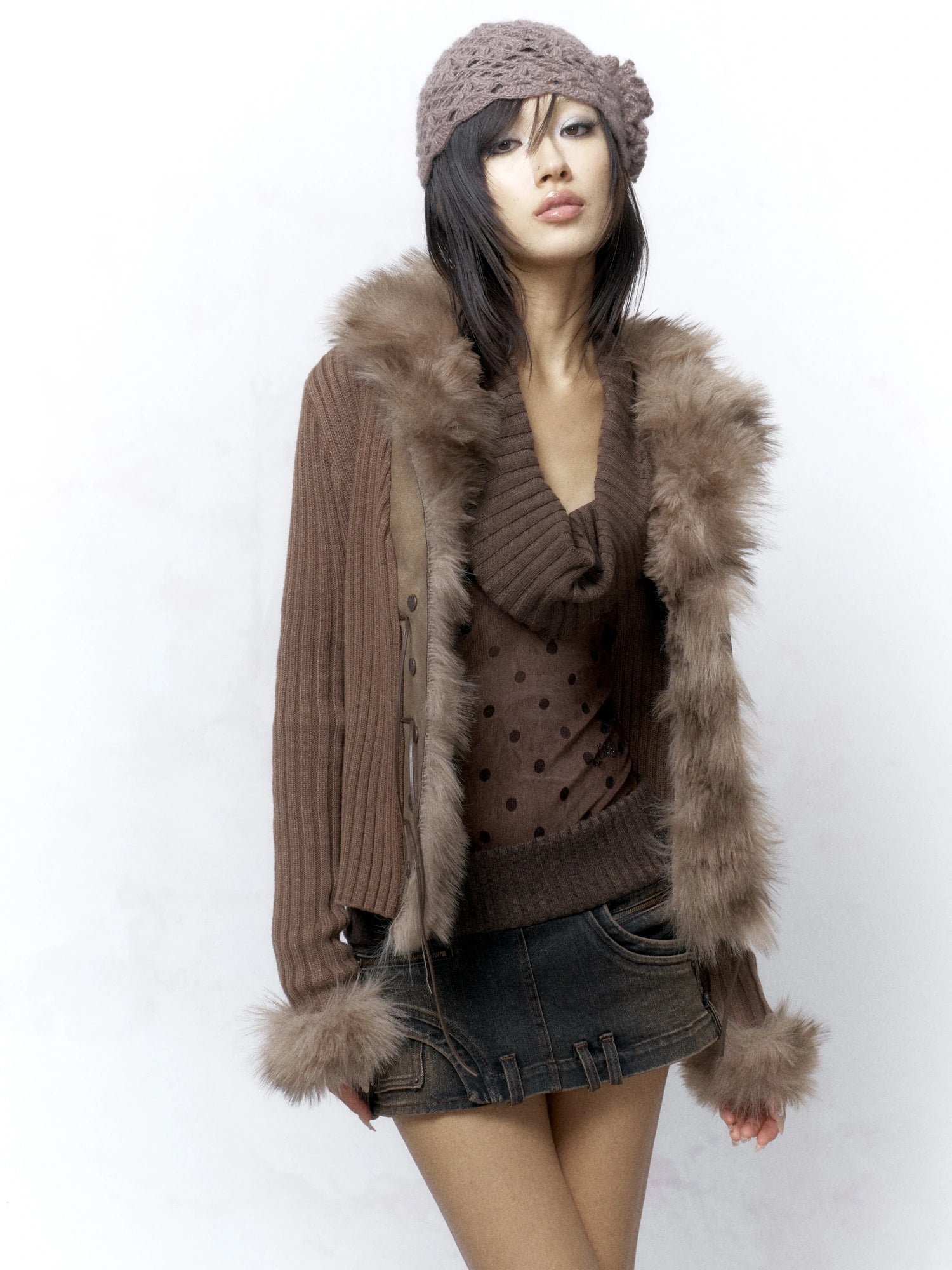 Flowers birds Market Warm Knit Button Front Cardigan Long Sleeve Faux Fur Collar Camel Women Sweater