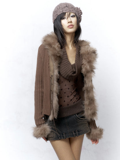 Flowers birds Market Warm Knit Button Front Cardigan Long Sleeve Faux Fur Collar Camel Women Sweater