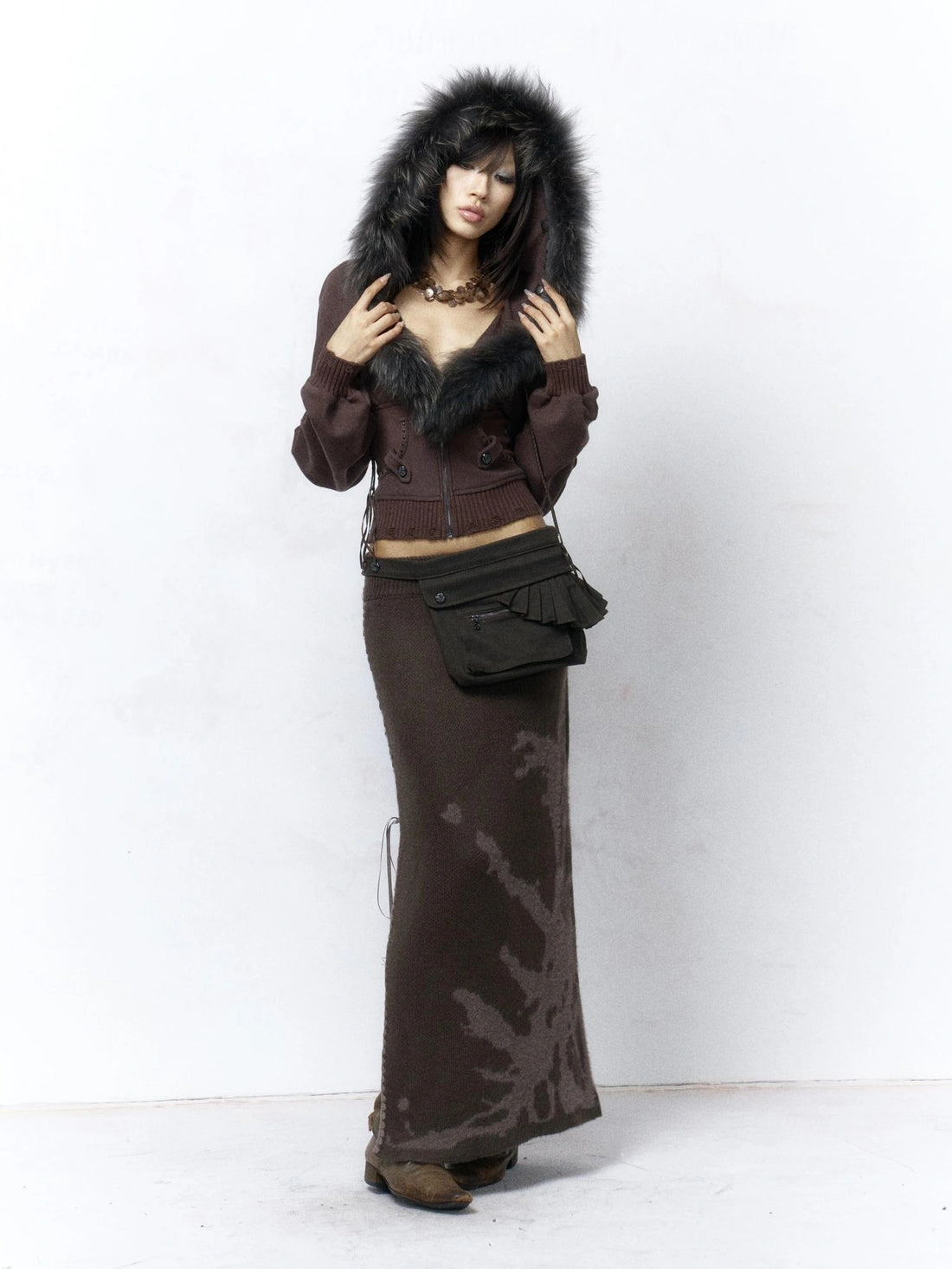 Flowers birds Market Warm Mohair Jacquard Knit Embroidered Mid Rise Straight Women Maxi Skirt