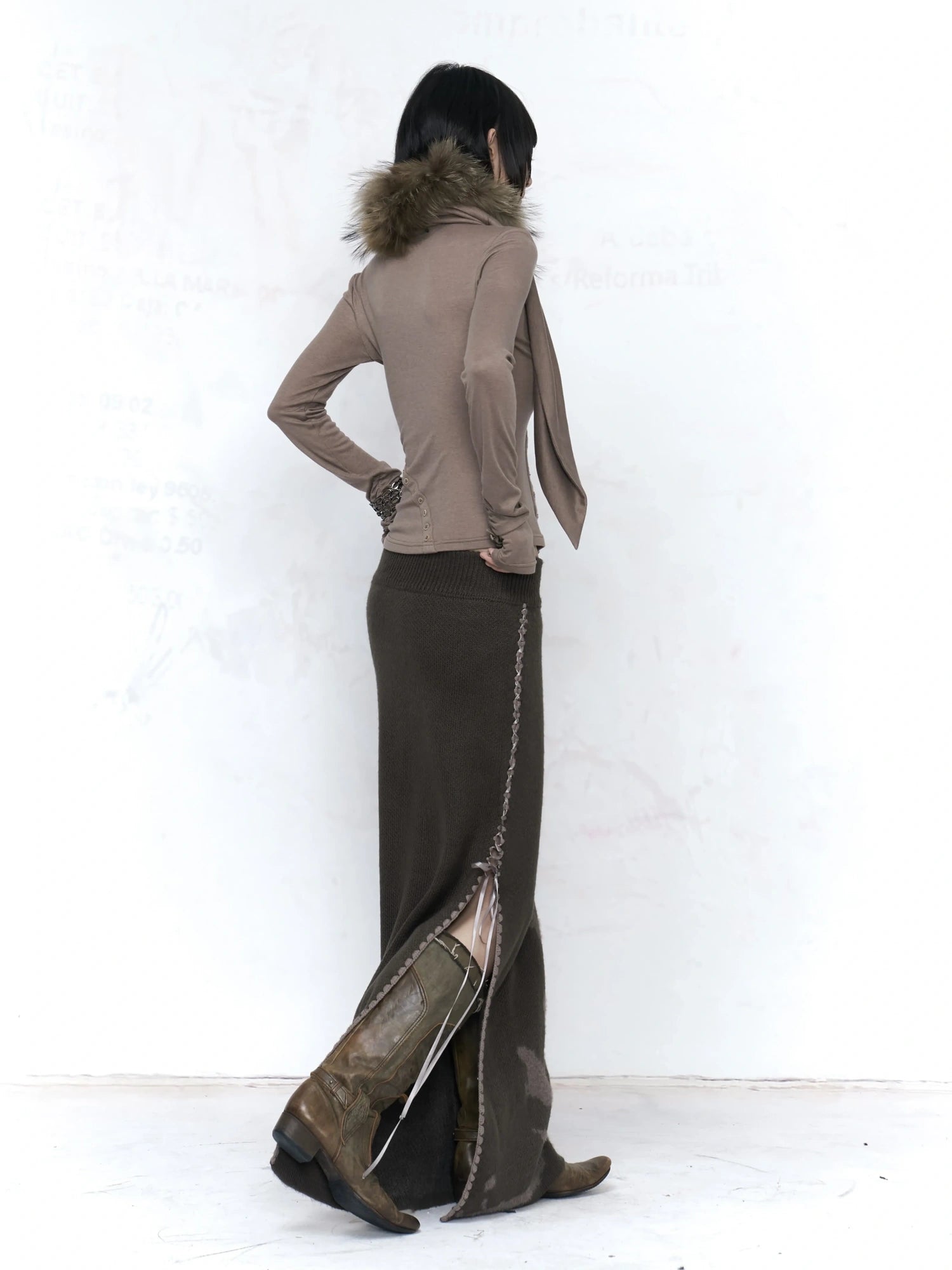 Flowers birds Market Warm Mohair Jacquard Knit Embroidered Mid Rise Straight Women Maxi Skirt