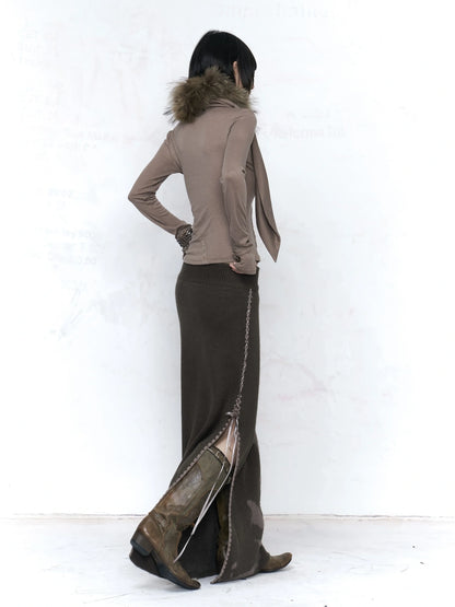 Flowers birds Market Warm Mohair Jacquard Knit Embroidered Mid Rise Straight Women Maxi Skirt