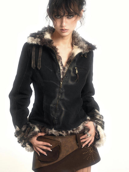 Flowers birds Market Warm Thickened Cotton Denim Original Design Straight Fit Women Outerwear Jacket