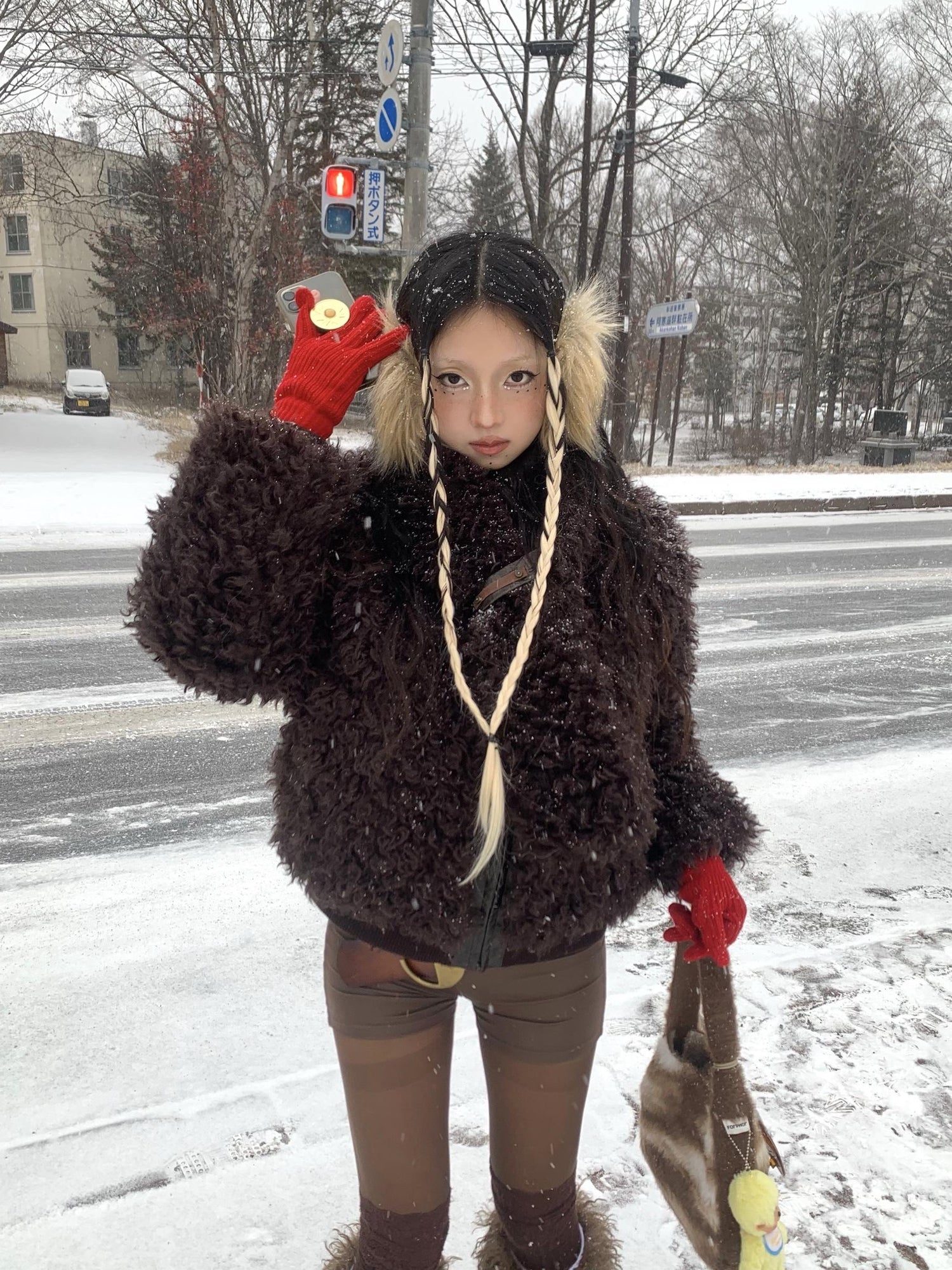 Flowers birds Market Warm Wool Blend Coat With Free Scarf