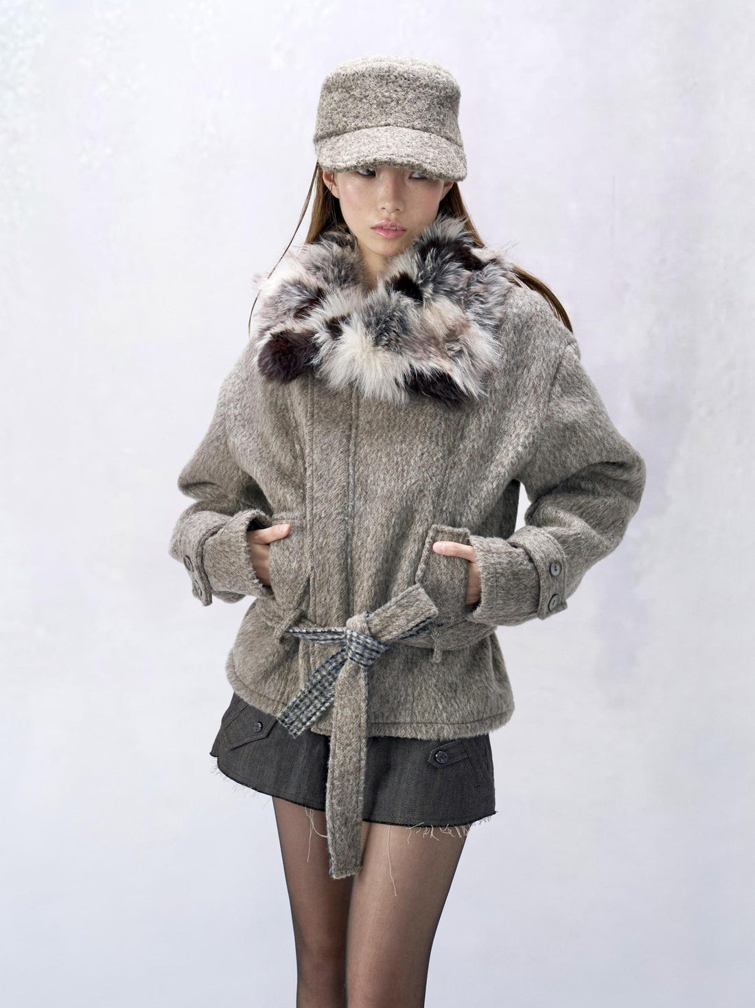 Flowers_birds_Market Wool Blend Retro Cropped Lapel Long Sleeve Young Women Oatmeal Short Coats