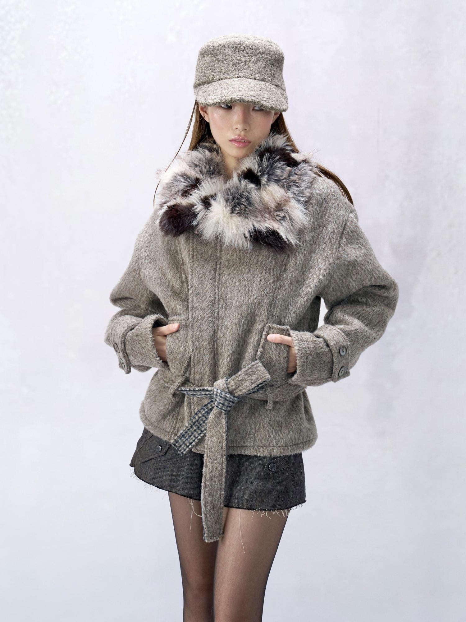 Flowers birds Market Wool Blend Retro Cropped Lapel Long Sleeve Young Women Oatmeal Short Coats