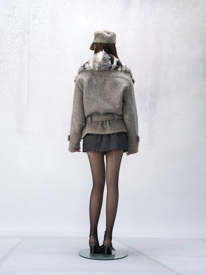 Flowers birds Market Wool Blend Retro Cropped Lapel Long Sleeve Young Women Oatmeal Short Coats