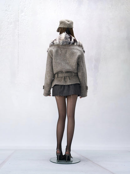 Flowers birds Market Wool Blend Retro Cropped Lapel Long Sleeve Young Women Oatmeal Short Coats