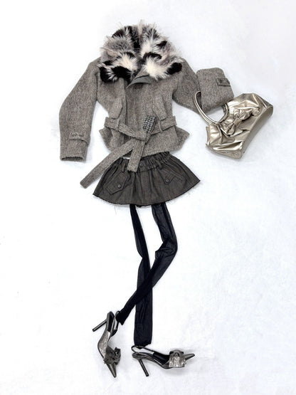 Flowers birds Market Wool Blend Retro Cropped Lapel Long Sleeve Young Women Oatmeal Short Coats