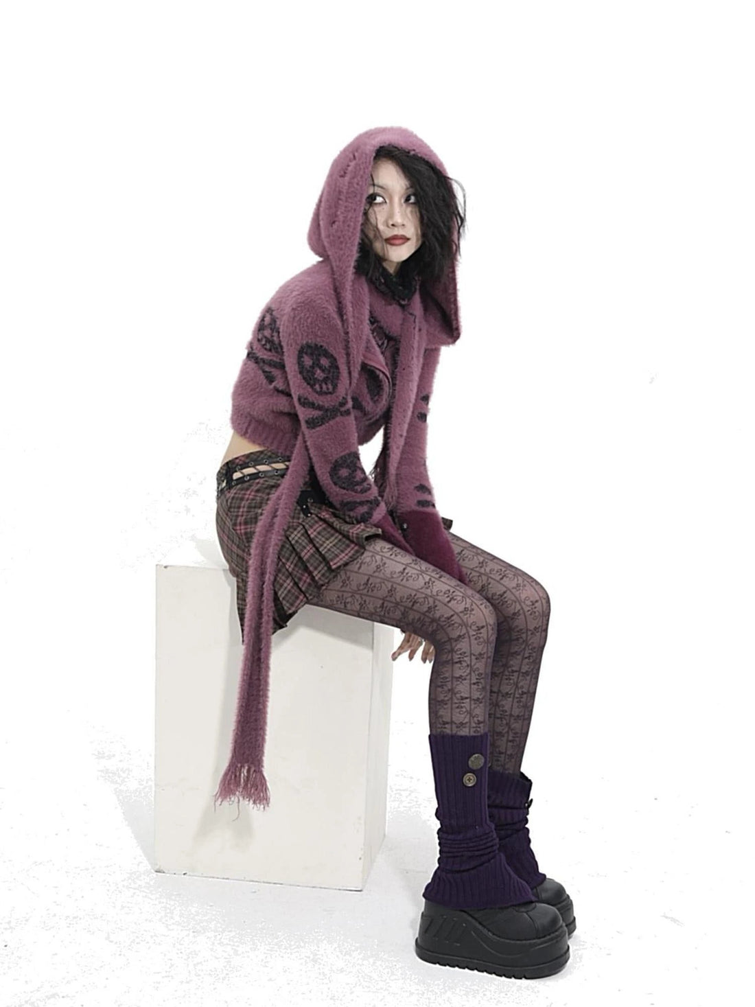 Y2K  Skull Print Faux Shearling Moto Jacket