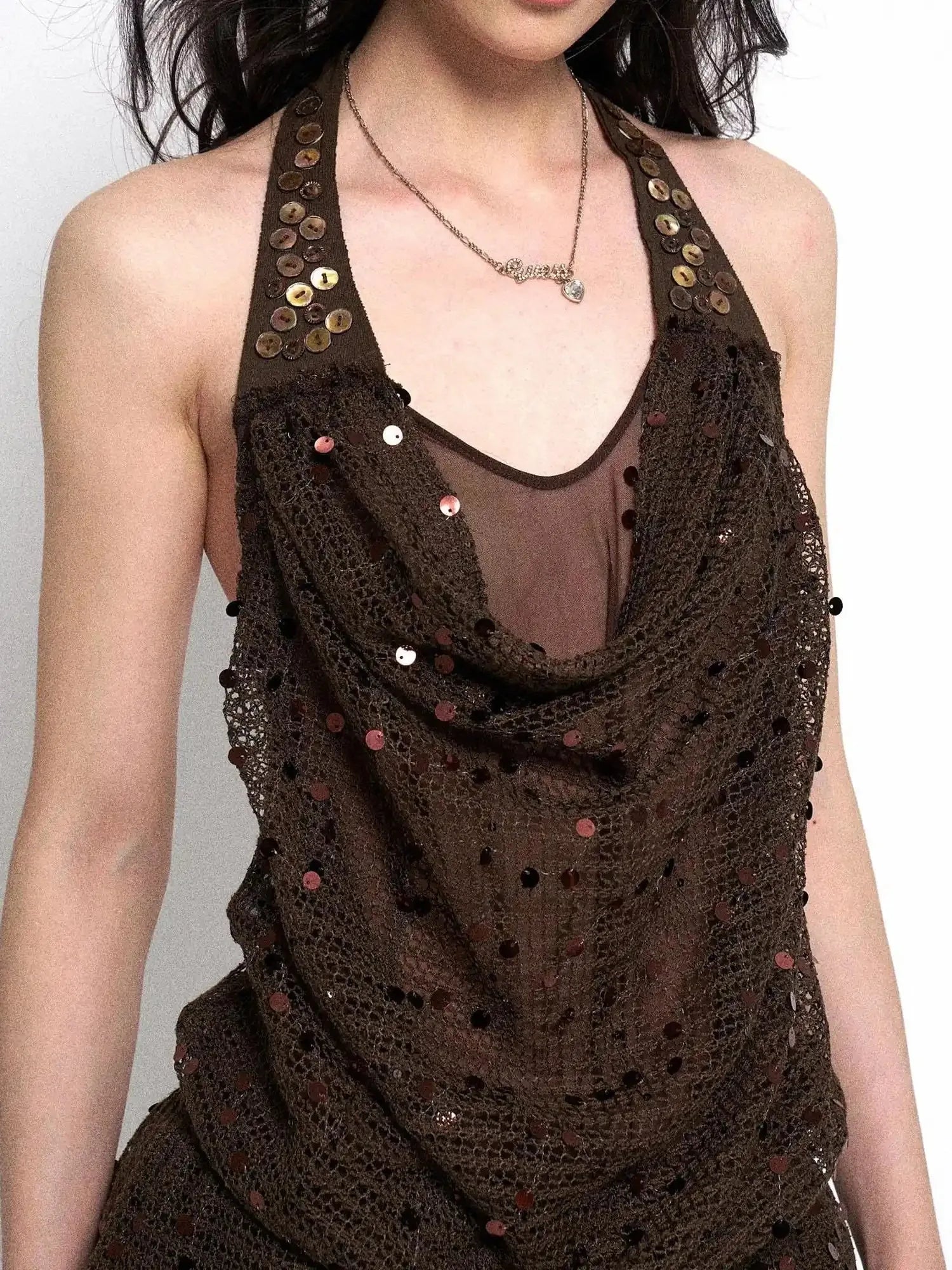 Y2K Sheer Mesh Slit Hollow Out Backless Halter Slip Dress