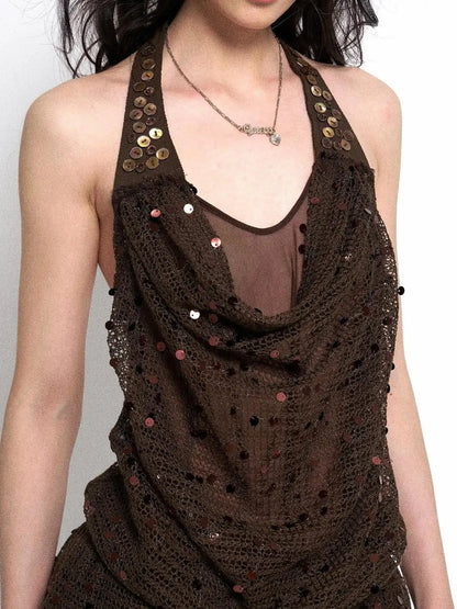 Y2K Sheer Mesh Slit Hollow Out Backless Halter Slip Dress