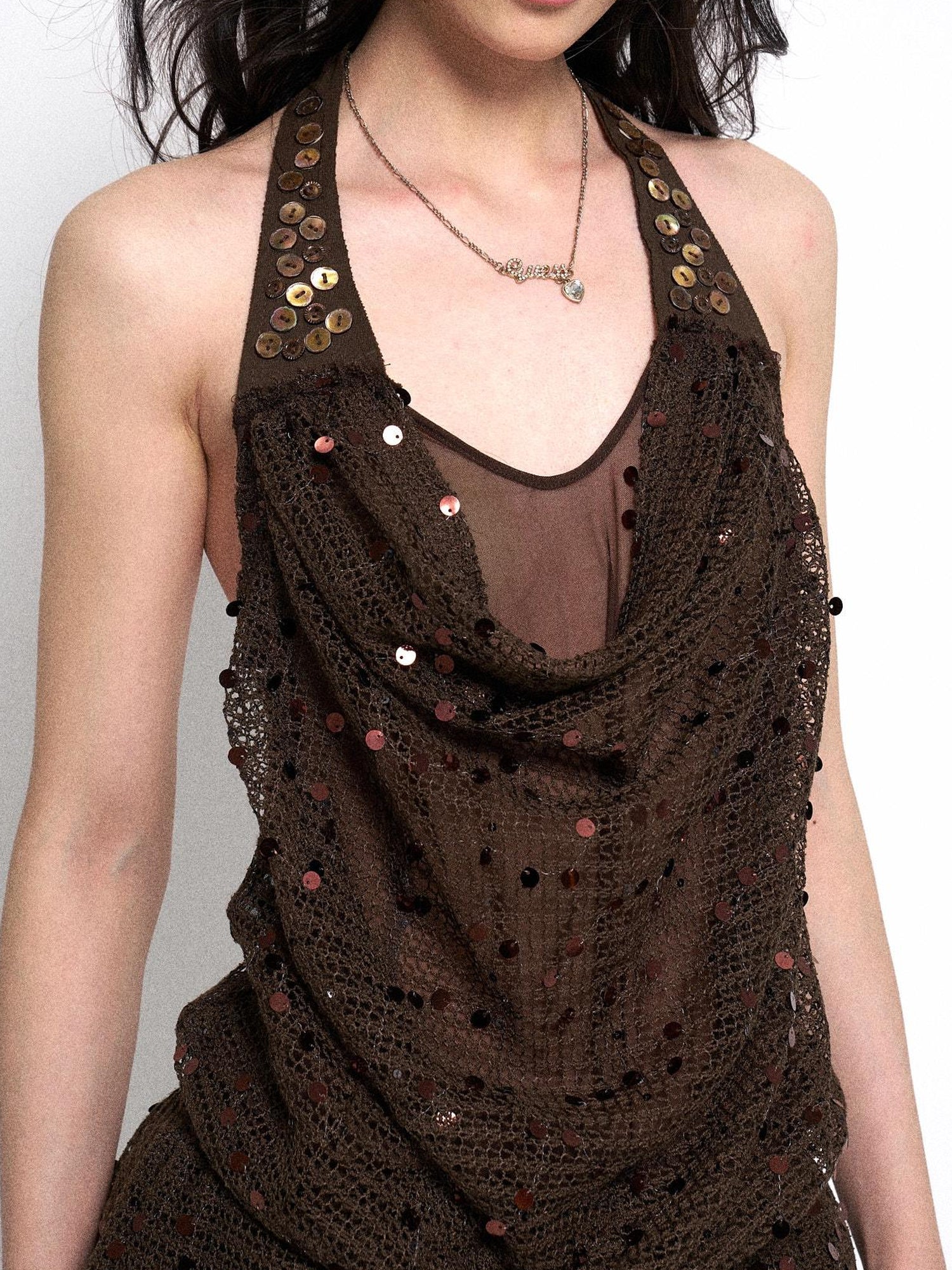 Flowers birds Market Y2K Sheer Mesh Slit Hollow Out Backless Halter Slip Dress
