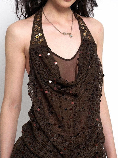 Flowers birds Market Y2K Sheer Mesh Slit Hollow Out Backless Halter Slip Dress
