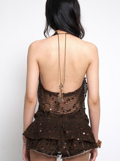 Flowers birds Market Y2K Sheer Mesh Slit Hollow Out Backless Halter Slip Dress