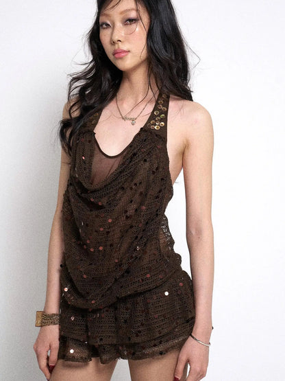 Y2K Sheer Mesh Slit Hollow Out Backless Halter Slip Dress