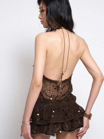Y2K Sheer Mesh Slit Hollow Out Backless Halter Slip Dress
